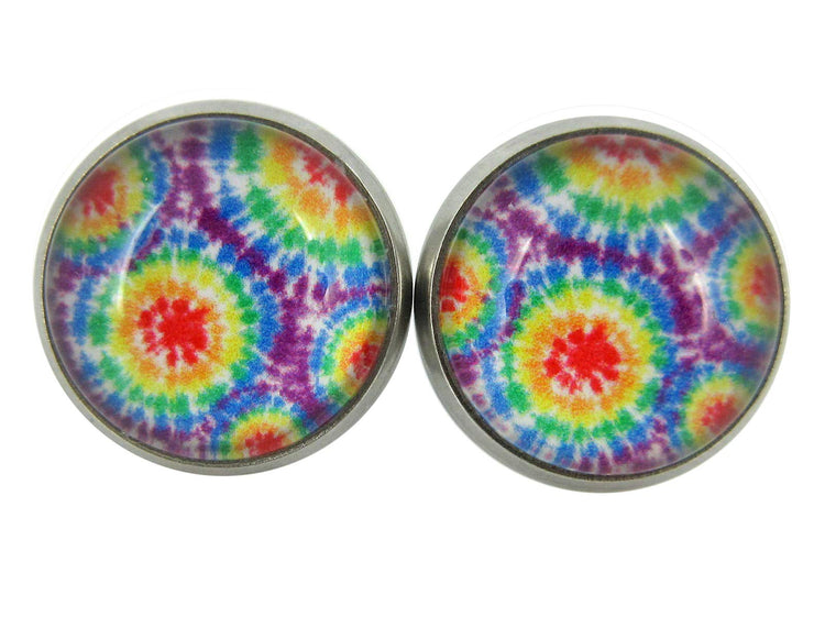 Stainless Steel Tie Dye Print Glass Stud Earrings 12mm (Rainbow)