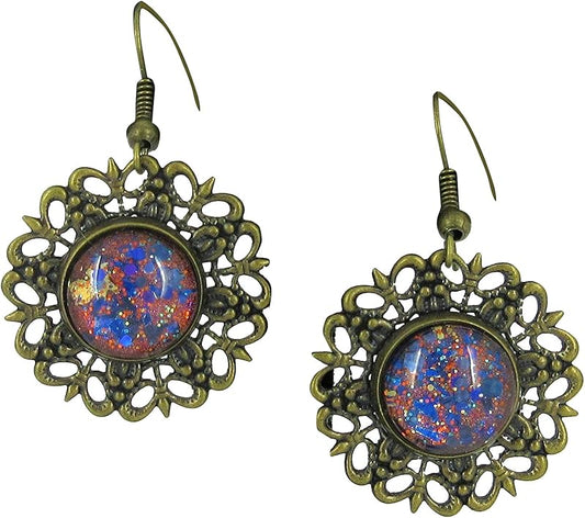 Summerfield Collection Antiqued Gold-tone Orange and Blue Glitter Glass Medallion Dangle Earrings Hand-painted