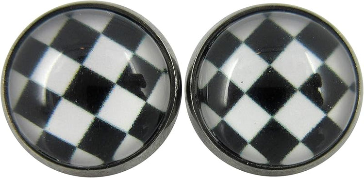 Summerfield Collection Stainless Steel Black and White Checkerboard Print Glass Stud Earrings 12mm