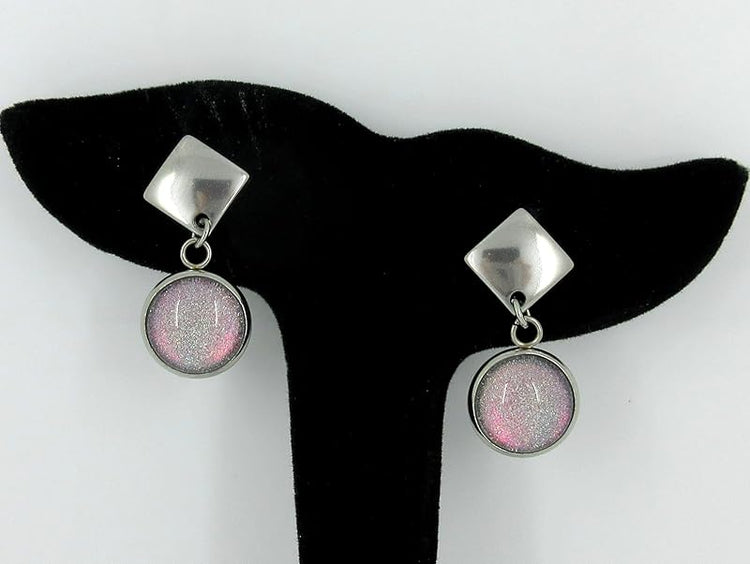 Summerfield Collection Stainless Steel Colorshifting Opalescent Pink Holographic Glitter Glass Post Drop Earrings Handpainted