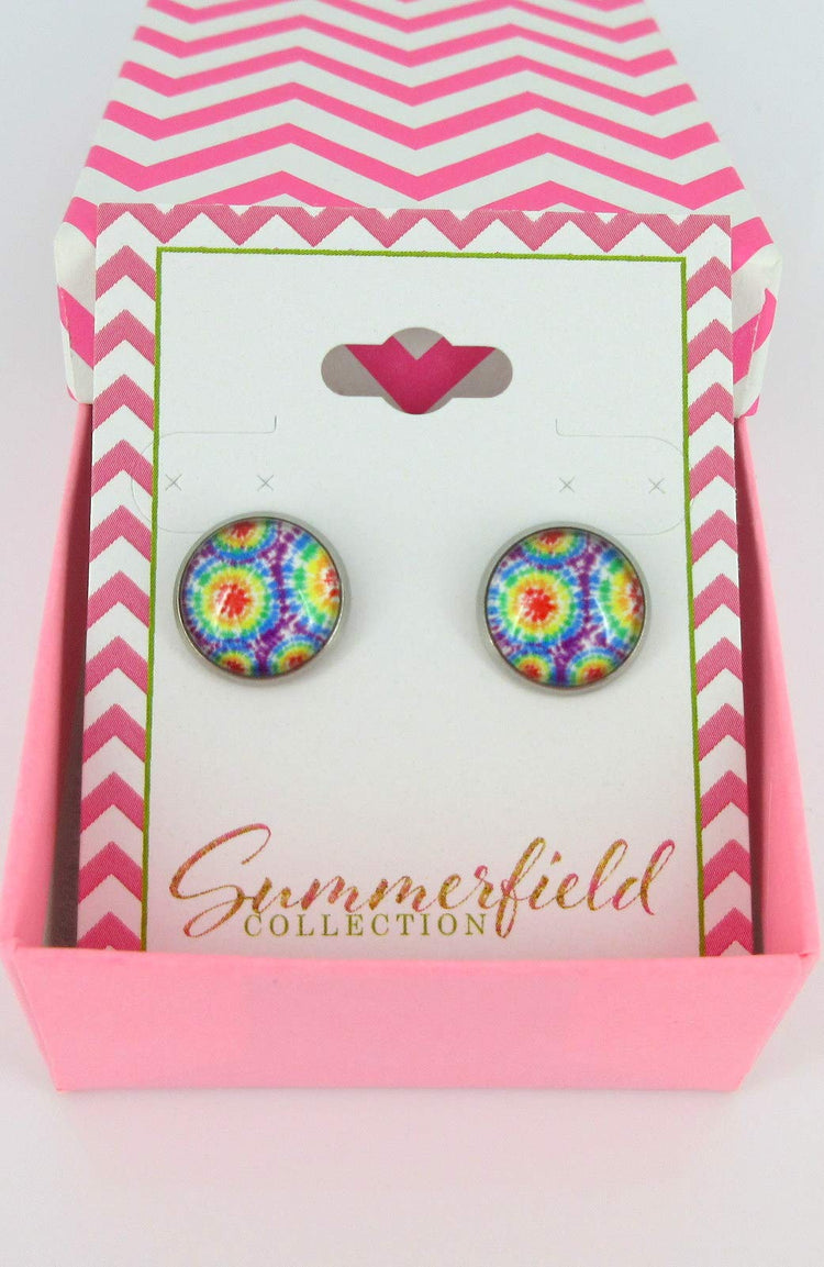 Stainless Steel Tie Dye Print Glass Stud Earrings 12mm (Rainbow)