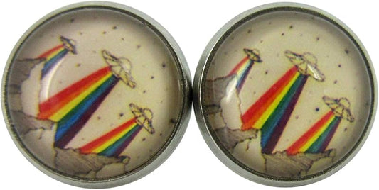 Summerfield Collection Stainless Steel Rainbow UFO Print Glass Stud Earrings 12mm