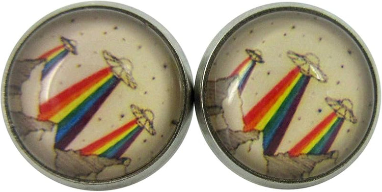 Summerfield Collection Stainless Steel Rainbow UFO Print Glass Stud Earrings 12mm