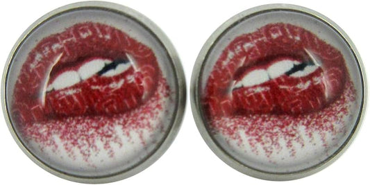 Summerfield Collection Stainless Steel Lip Bite Print Glass Stud Earrings 12mm White Red Lipstick