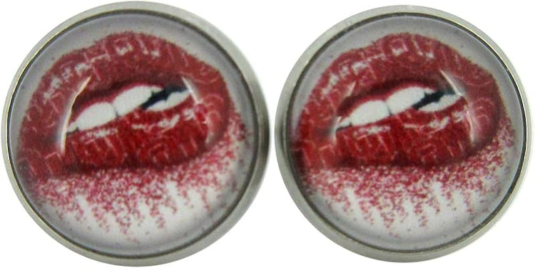 Summerfield Collection Stainless Steel Lip Bite Print Glass Stud Earrings 12mm White Red Lipstick