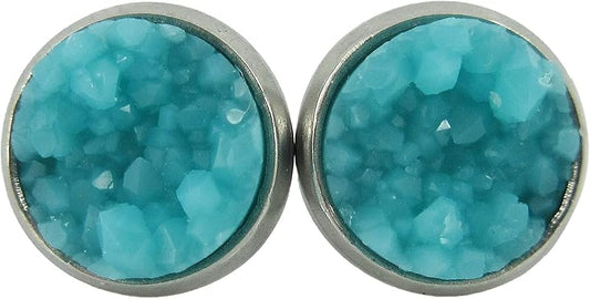 Summerfield Collection Stainless Steel Matte Faux Druzy Stone Stud Earrings 8mm (Aqua Blue)