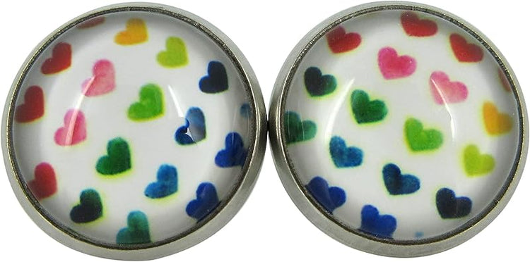Summerfield Collection Stainless Steel Rainbow Multi Heart Print Glass Stud Earrings 12mm White Red
