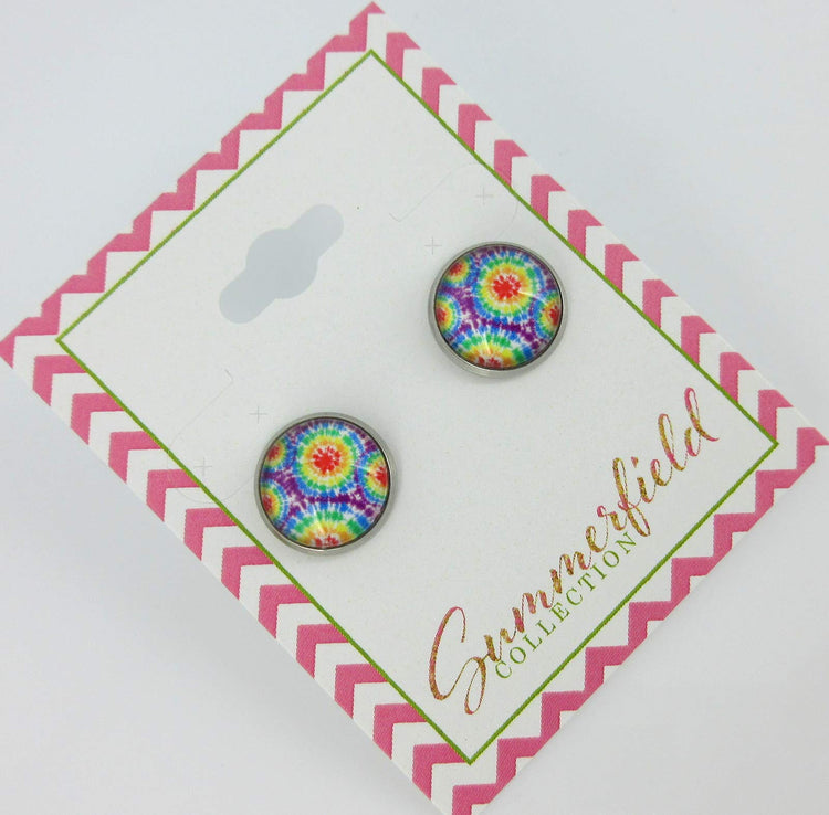 Stainless Steel Tie Dye Print Glass Stud Earrings 12mm (Rainbow)