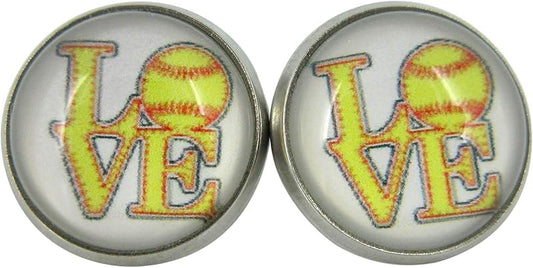 Summerfield Collection Stainless Steel Love Softball Print Glass Stud Earrings 12mm