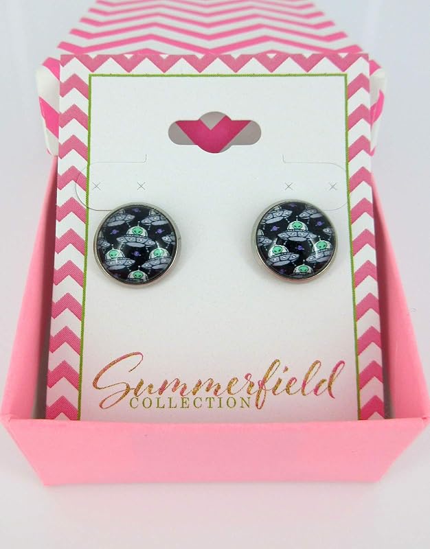 Summerfield Collection Stainless Steel Neon Green Black Silver White Alien UFO Print Glass Stud Earrings 12mm