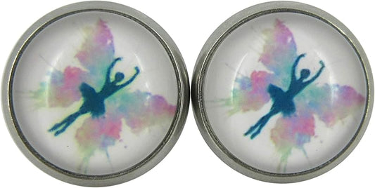Summerfield Collection Stainless Steel Butterfly Ballet Dancer Printed Glass Stud Earrings 12mm