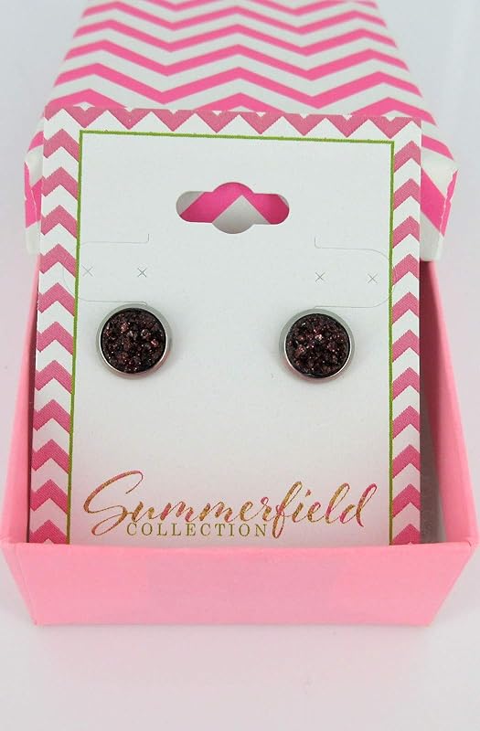 Summerfield Collection Stainless Steel Glitter Faux Druzy Stone Stud Earrings 8mm (Black Cherry)