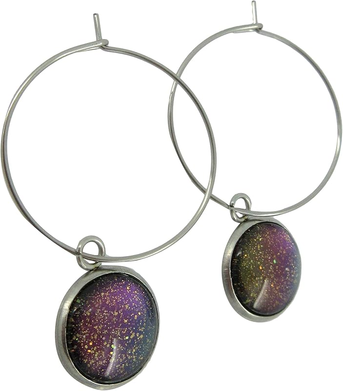 Summerfield Collection Stainless Steel Blue Purple Gray Glitter Glass Charm Hoop Earrings Hand-painted 1"