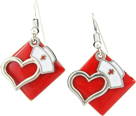 Summerfield Collection Silver-tone Red Enamel Nurse Hat Heart Charm Dangle Earrings