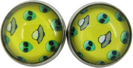 Summerfield Collection Stainless Steel Yellow and Neon Green Alien UFO Print Glass Stud Earrings 12mm
