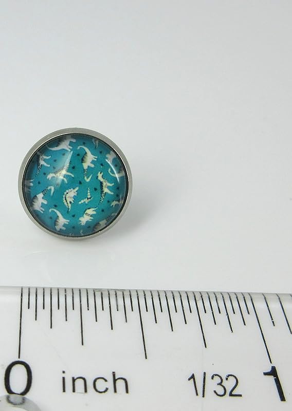 Summerfield Collection Stainless Steel Dinosaur Print Glass Stud Earrings 12mm Teal and White