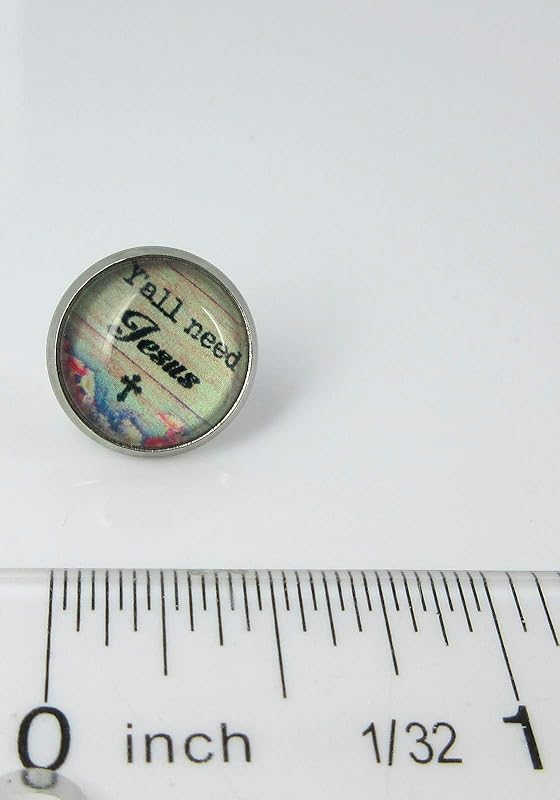 Summerfield Collection Stainless Steel Y'all need Jesus Print Glass Stud Earrings 12mm