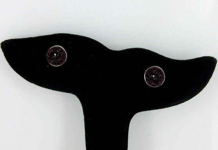 Stainless Steel Glitter Faux Druzy Stone Stud Earrings 8mm (Black Cherry)