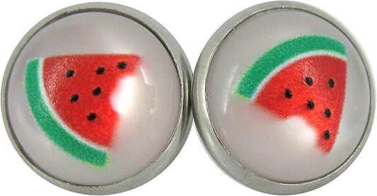 Summerfield Collection Stainless Steel Fruit Print Frosted Resin Stud Earrings 12mm (Watermelon)