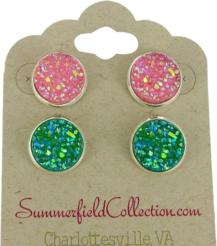 Summerfield Collection Duo Stud Earrings Silver-tone Pink and Green AB Faux Druzy Stone 12mm Set