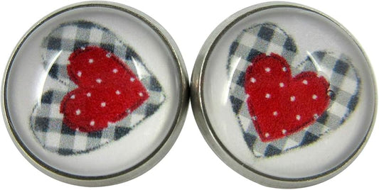 Summerfield Collection Stainless Steel Buffalo Plaid Print Glass Stud Earrings 12mm (White/Black/Red Heart)