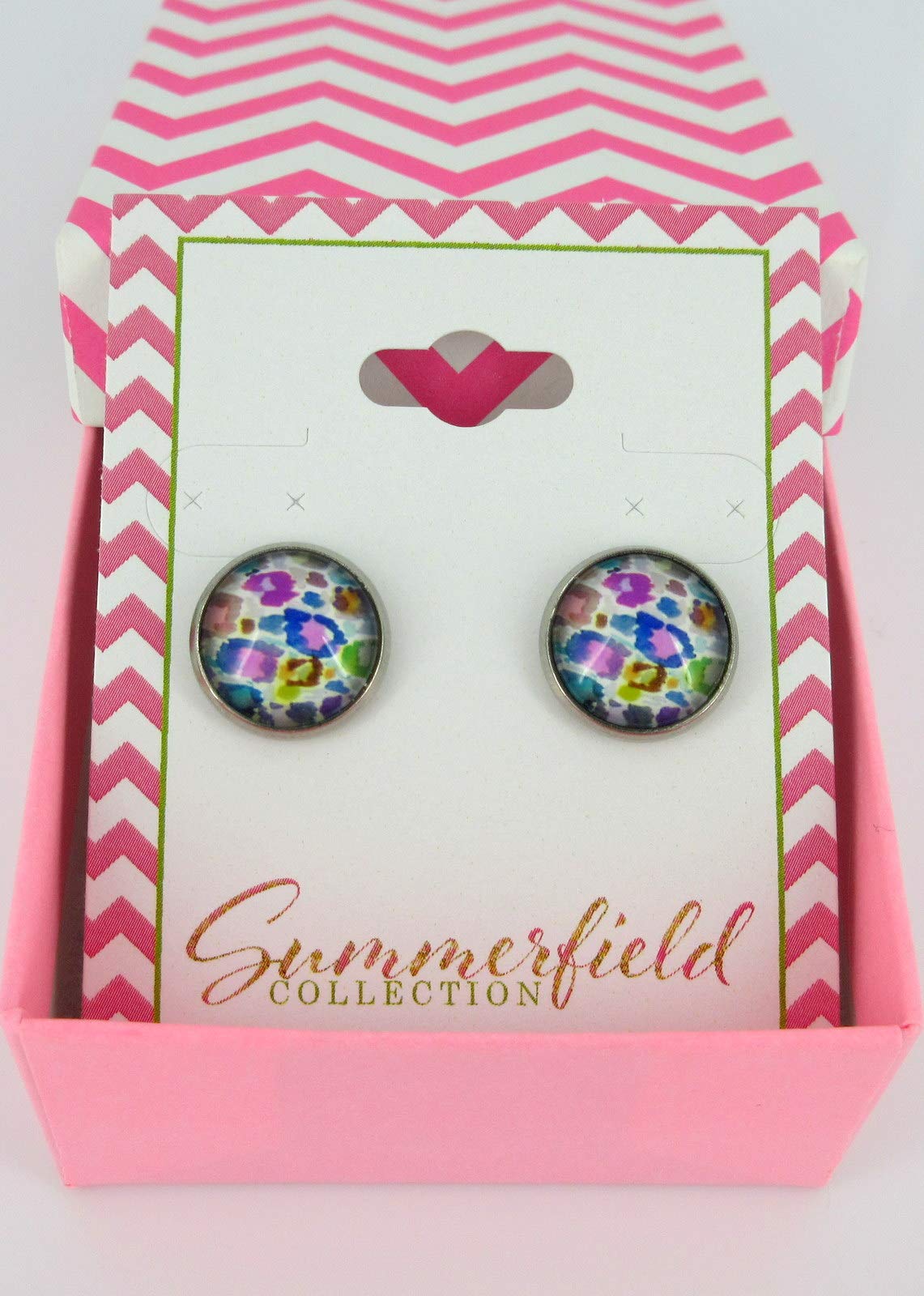 Stainless Steel Colorful Watercolor Animal Print Glass Stud Earrings 12mm