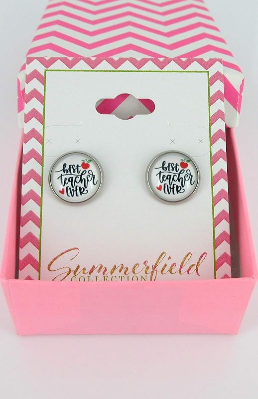 Summerfield Collection Stainless Steel Teacher Print Glass Stud Earrings 12mm (Best Teacher Ever/Apple)