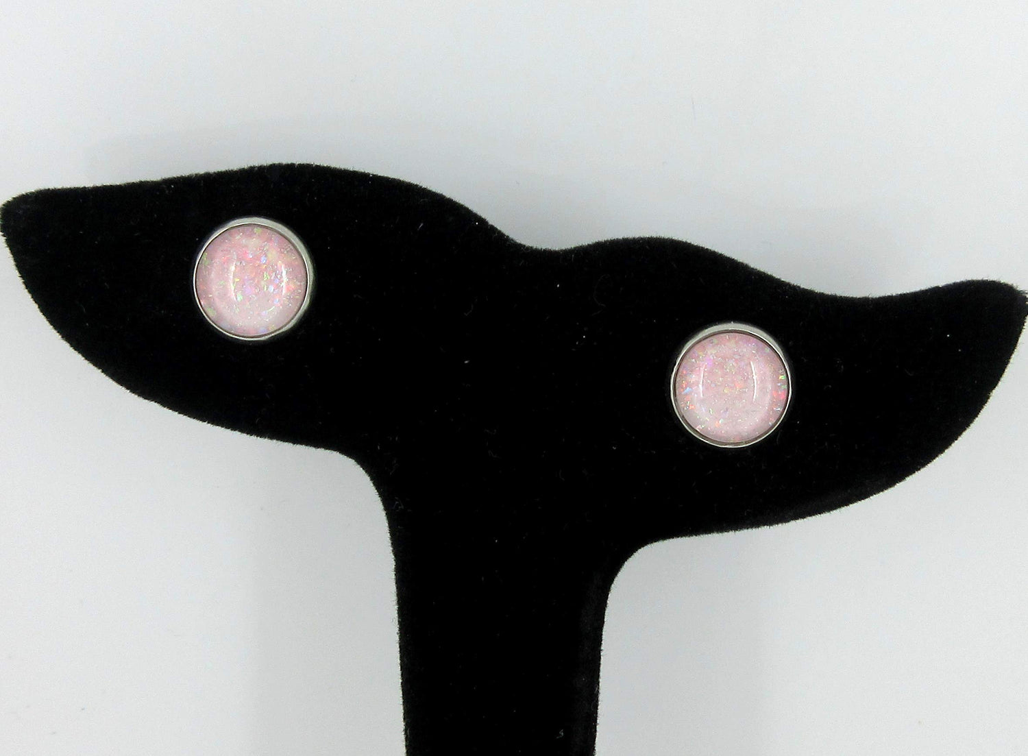 Stainless Steel Pale Pink and Iridescent Glitter Glass Stud Earrings Hand-painted 10mm