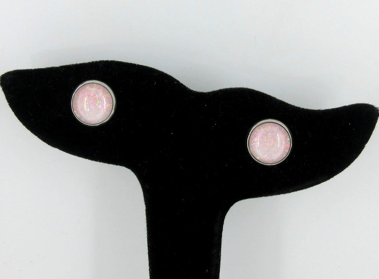 Stainless Steel Pale Pink and Iridescent Glitter Glass Stud Earrings Hand-painted 10mm