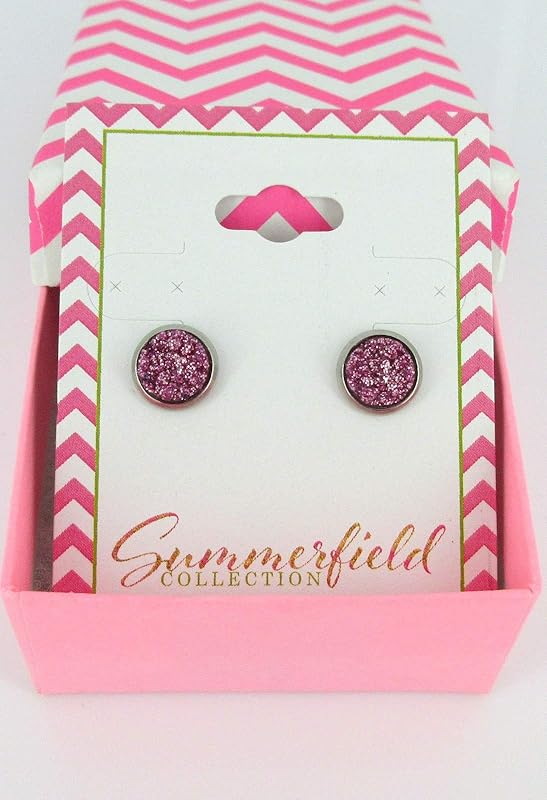 Summerfield Collection Stainless Steel Glitter Faux Druzy Stone Stud Earrings 8mm (Medium Pink)