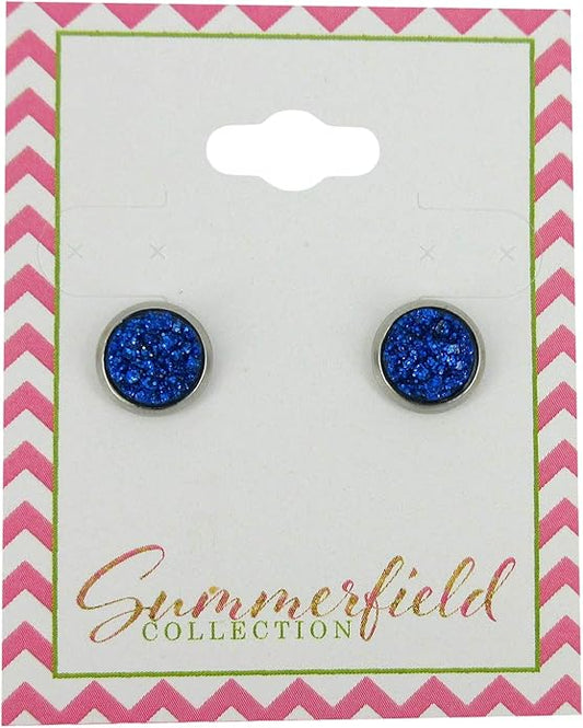 Stainless Steel Glitter Faux Druzy Stone Stud Earrings 8mm (Royal Blue)