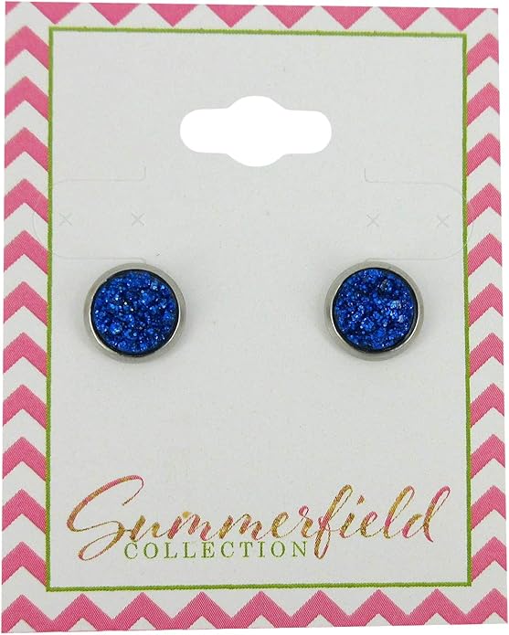 Stainless Steel Glitter Faux Druzy Stone Stud Earrings 8mm (Royal Blue)