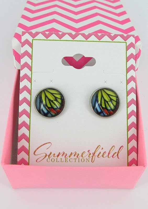 Summerfield Collection Stainless Steel Butterfly Wing Print Glass Stud Earrings 12mm (Yellow/Blue/Red)