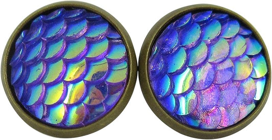 Summerfield Collection Antiqued Gold-tone Metallic Mermaid Scale Stud Earrings 12mm (Purple/Blue AB)