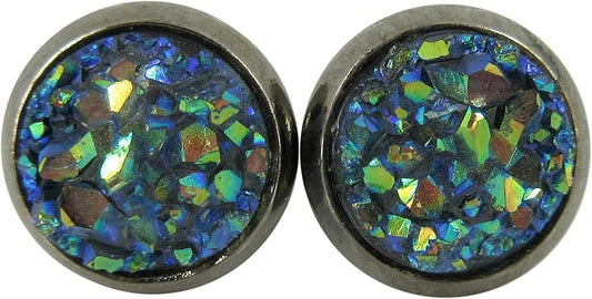 Summerfield Collection Hematite-tone Faux Druzy Stone Stud Earrings 8mm (Gray Blue AB)