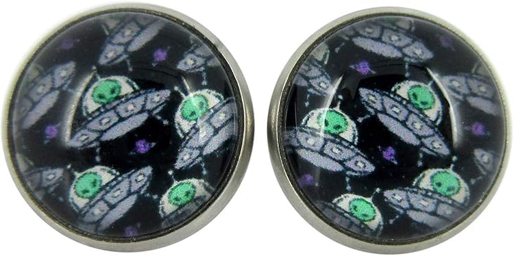 Summerfield Collection Stainless Steel Neon Green Black Silver White Alien UFO Print Glass Stud Earrings 12mm