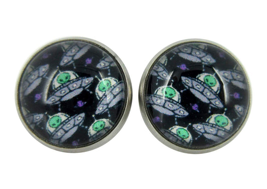Stainless Steel Neon Green Black Silver White Alien UFO Print Glass Stud Earrings 12mm