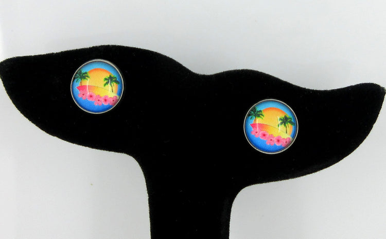 Stainless Steel Retro Tropical Sunset Palm Tree Print Glass Stud Earrings 12mm Hibiscus Flower