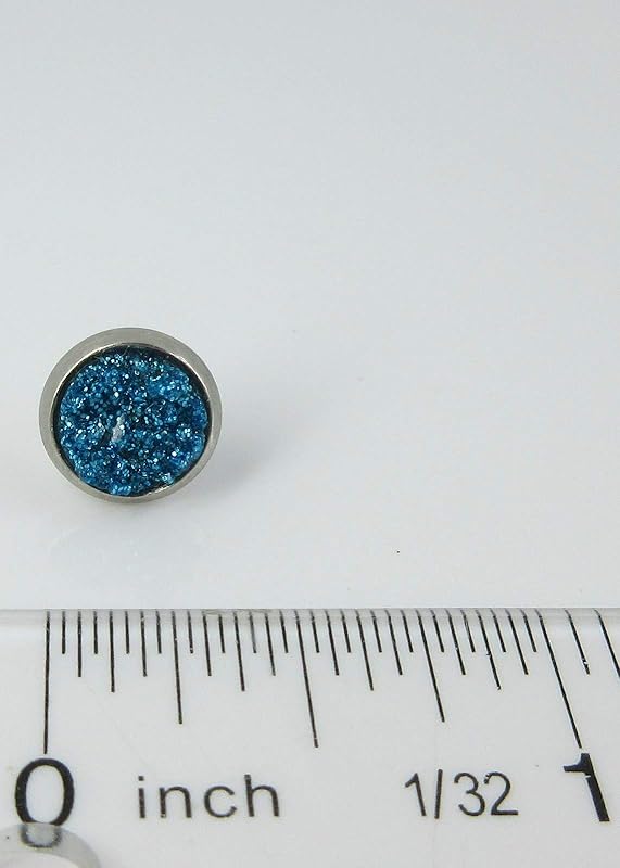 Summerfield Collection Stainless Steel Glitter Faux Druzy Stone Stud Earrings 8mm (Ocean Blue)