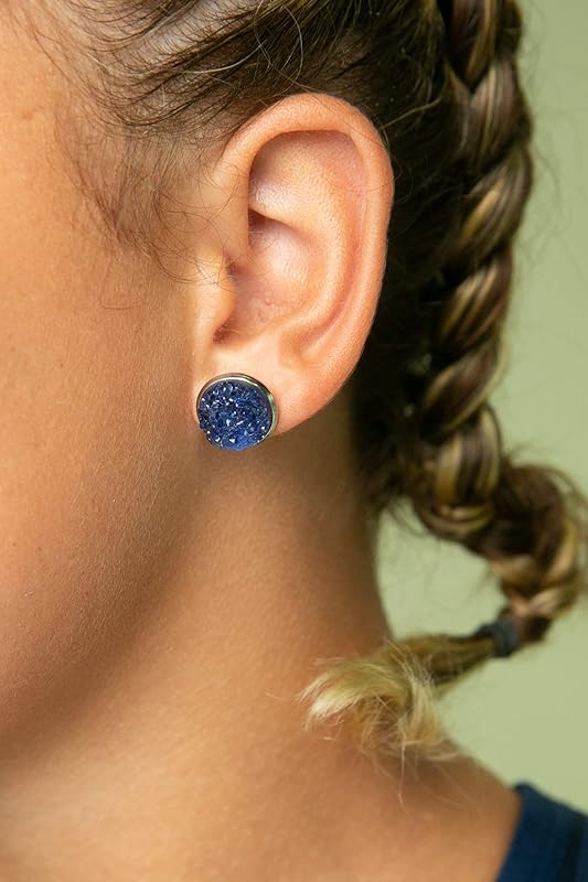 Summerfield Collection Stainless Steel Faux Druzy Stone Stud Earrings 12mm (Navy Blue)