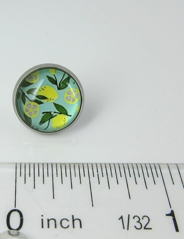 Summerfield Collection Stainless Steel Lemon Fruit Print Glass Stud Earrings 12mm Green and Yellow