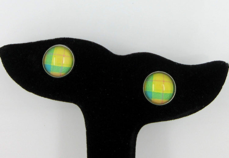 Stainless Steel Duo Stud Earrings Plaid Print Glass 12mm Set (Pastel)