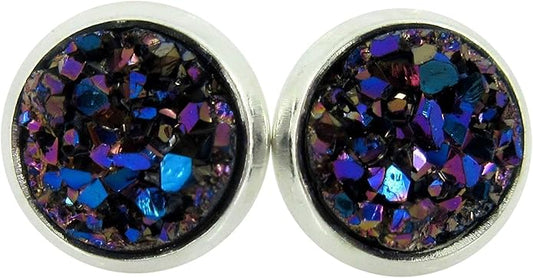 Silver-tone Metallic Faux Druzy Stone Stud Earrings 8mm (Blue)