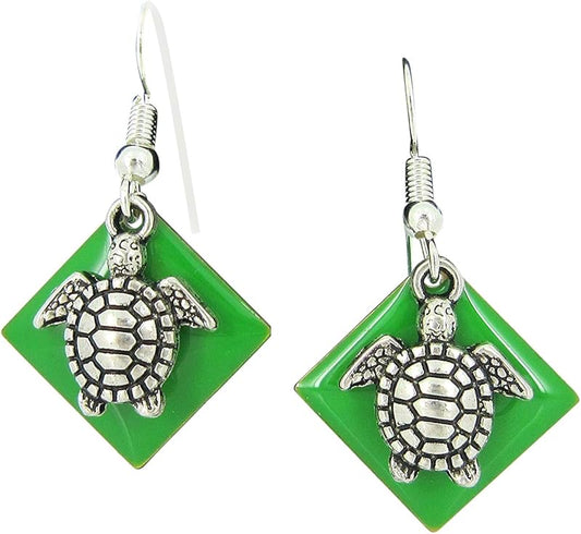 Summerfield Collection Silver-tone Green Enamel Sea Turtle Charm Dangle Earrings