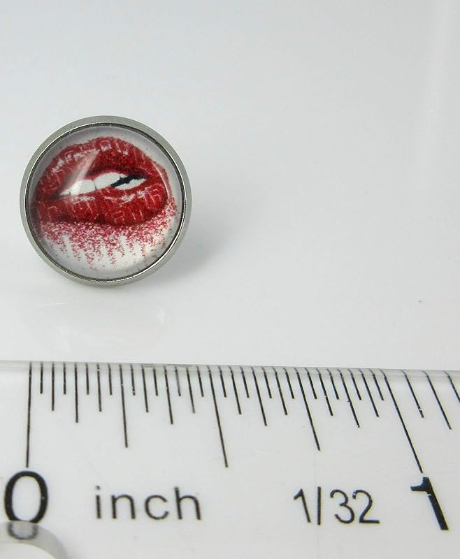 Summerfield Collection Stainless Steel Lip Bite Print Glass Stud Earrings 12mm White Red Lipstick
