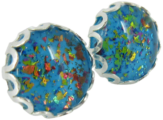 Silver-tone Aqua Blue and Rainbow Flake Glass Stud Earrings Hand-painted 10mm