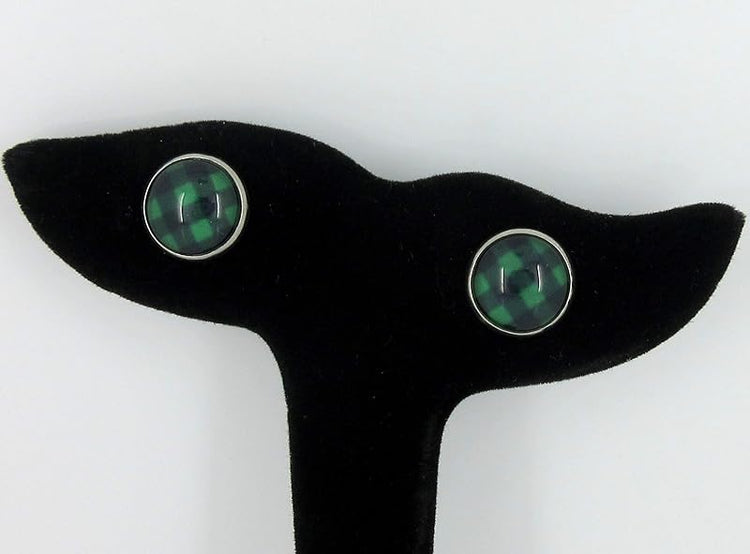 Summerfield Collection Stainless Steel Buffalo Plaid Print Glass Stud Earrings 12mm (Green/Black)