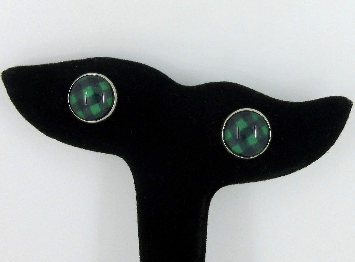 Stainless Steel Black and Green Buffalo Plaid Print Glass Stud Earrings 12mm