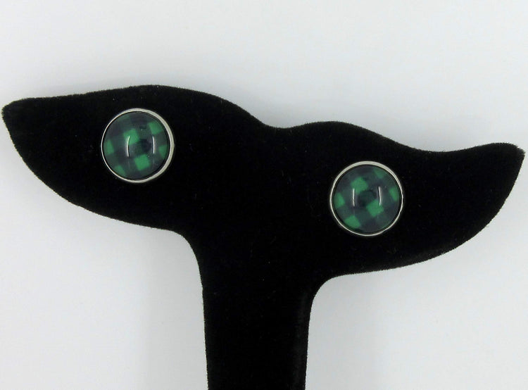 Stainless Steel Black and Green Buffalo Plaid Print Glass Stud Earrings 12mm