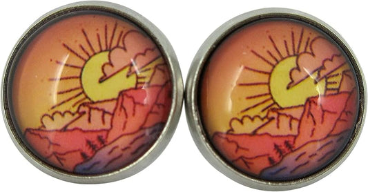 Summerfield Collection Stainless Steel Vintage Sunrise Print Glass Stud Earrings 12mm